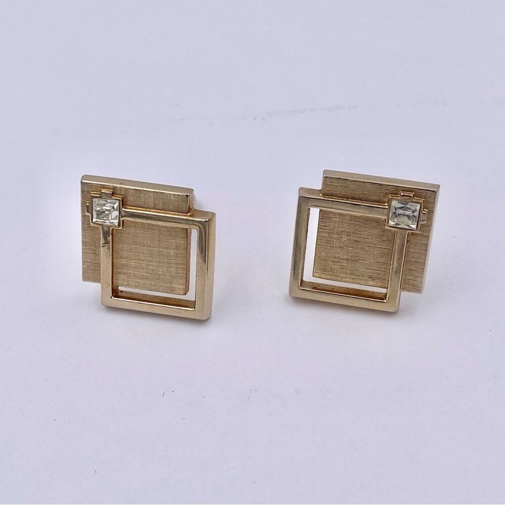 SWANK Vintage MCM Geometric Square Rhinestone Gold Tone Cufflinks